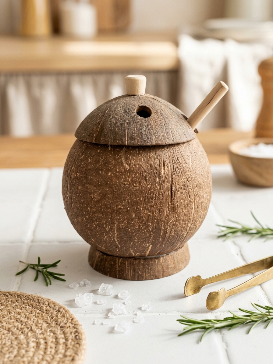 handcrafted coconut shell salt cellar with wooden lid spoon hole and sea salt rootiya handcrafted coconut shell salt cellar with wooden lid spoon hole and sea salt rootiya