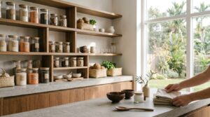 "Organized minimalist kitchen pantry with glass jars and wooden accents"