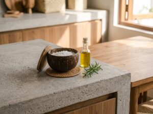 "Handcrafted coconut shell salt container with wooden lid and spoon slot"