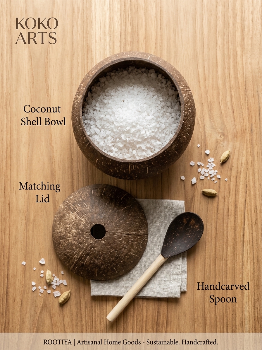 eco friendly coconut shell salt container with custom wooden spoon slot rootiya eco friendly coconut shell salt container with custom wooden spoon slot rootiya