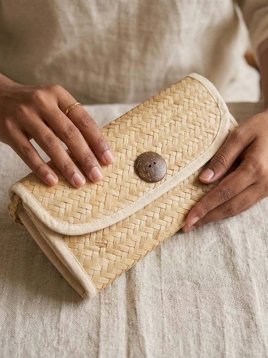 handcrafted straw woven texture detail.jpg Close up texture of handcrafted woven natural fiber bag and coconut button