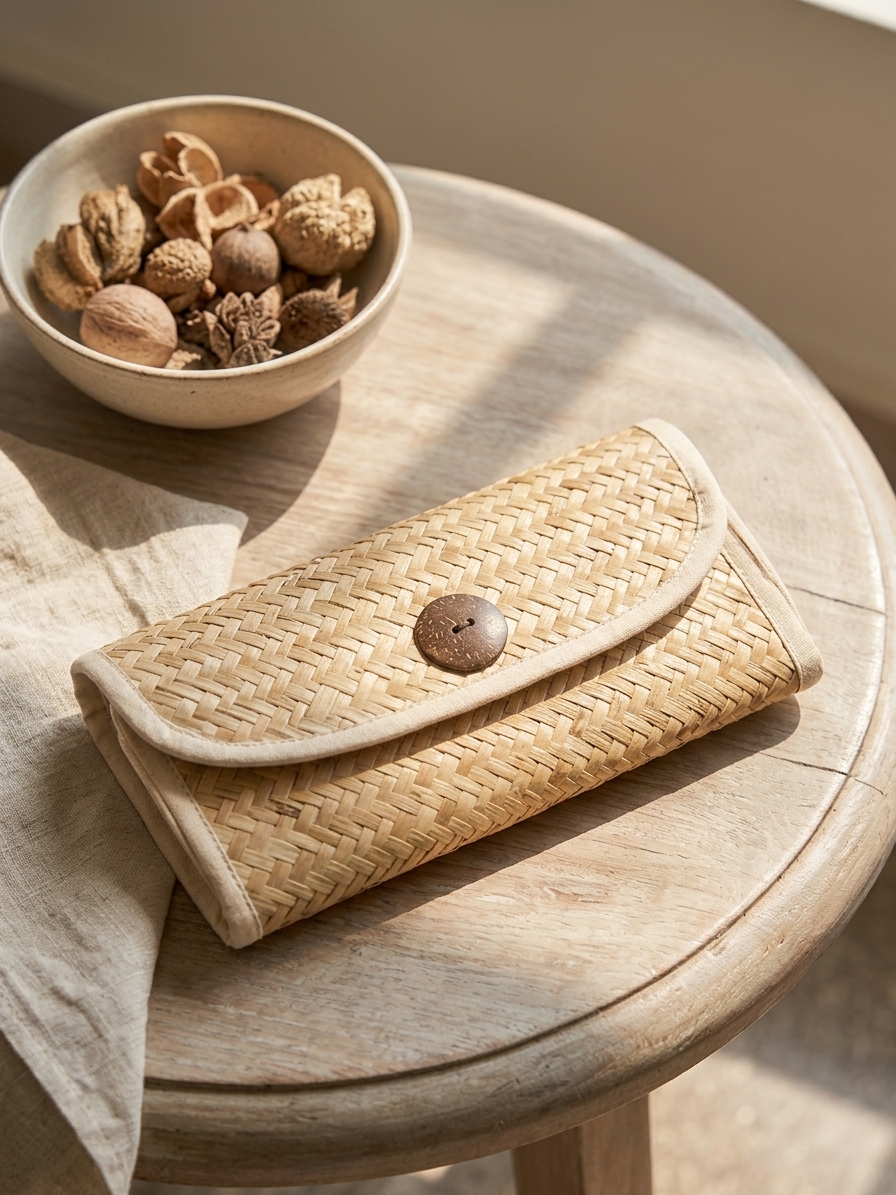 handcrafted woven natural fiber shoulder bag rootiya.jpg Handcrafted woven natural fiber shoulder bag with coconut button on wood table