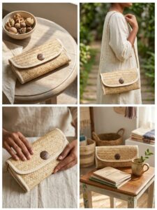 Handcrafted Woven Natural Fiber Shoulder Bag with Coconut Shell Accent handcrafted woven natural fiver shoulder bag