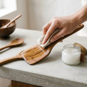 The Ultimate Guide to Plastic-Free Kitchenware: Sustainable Upgrades for Every Home Artisanal Neem wood cooking spoons and a polished coconut shell bowl on a light concrete kitchen countertop