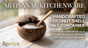 Handcrafted Coconut Shell Salt Container with Wooden Spoon eco friendly coconut shell salt container with custom wooden spoon slot rootiya