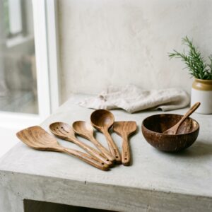 The Ultimate Guide to Plastic-Free Kitchenware: Sustainable Upgrades for Every Home Handcrafted wooden utensils, coconut shell bowl, and sustainable glass storage jar for plastic-free kitchenware collection by Rootiya