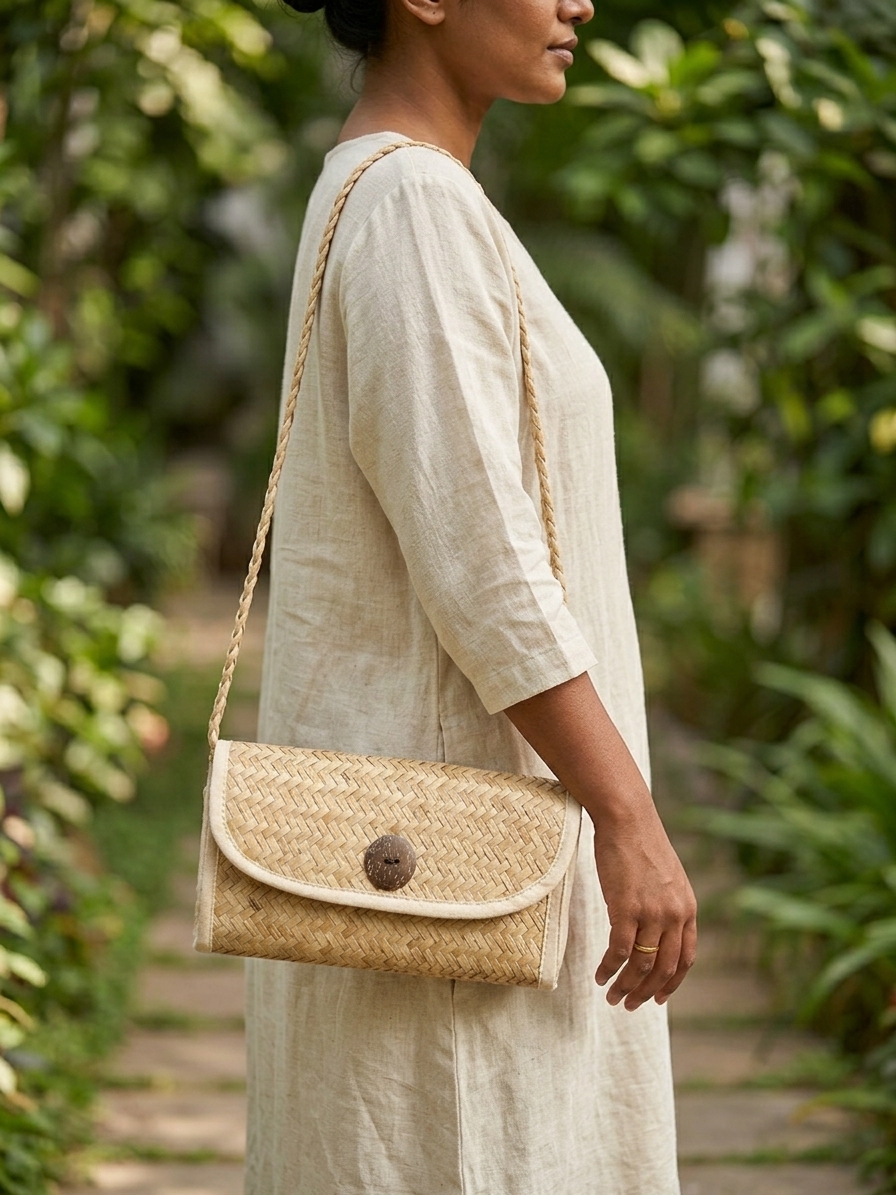 woven natural fiber bag model wearing.jpg Woman carrying a handcrafted woven natural fiber shoulder bag in eco friendly dress